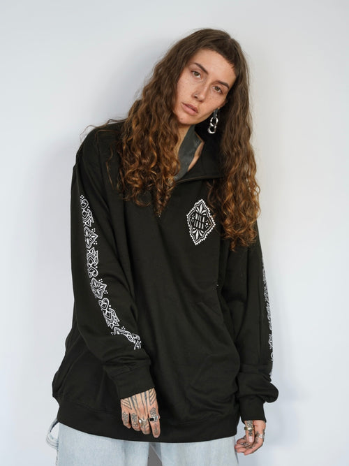 Black Ornamental Zip-Sweater